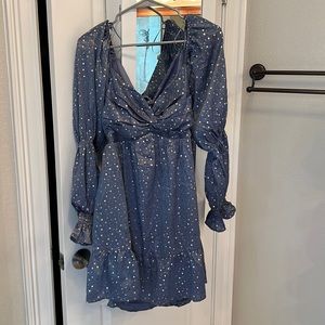 Vici size medium blue with gold hearts long sleeve above the knee dress.